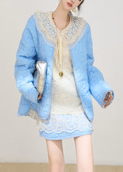 Chic Blue Oversized Embossing Fine Cotton Filled Jacket Winter