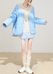 Chic Blue Oversized Embossing Fine Cotton Filled Jacket Winter