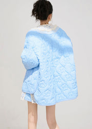 Chic Blue Oversized Embossing Fine Cotton Filled Jacket Winter