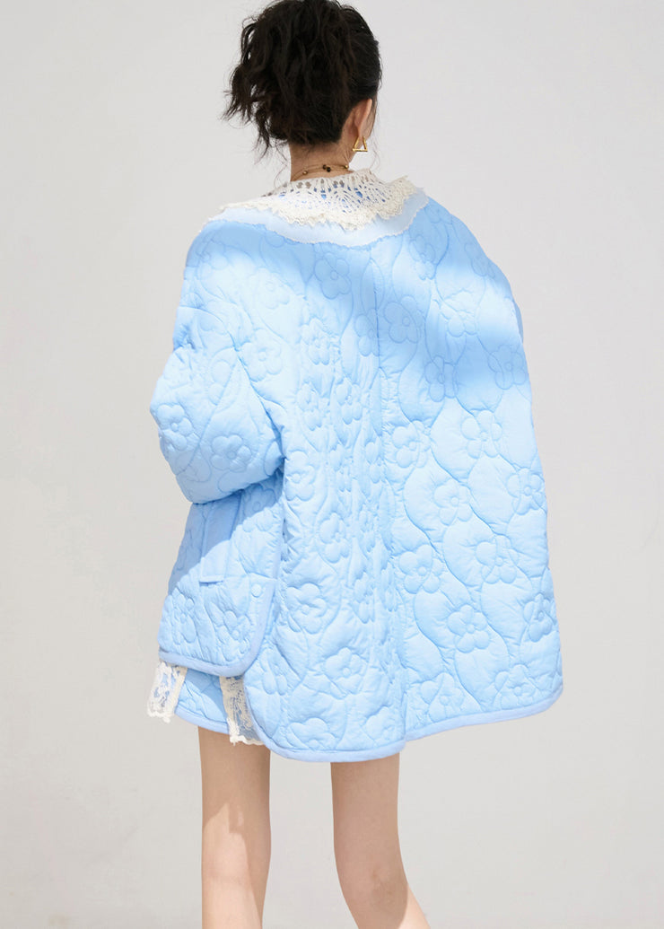 Chic Blue Oversized Embossing Fine Cotton Filled Jacket Winter