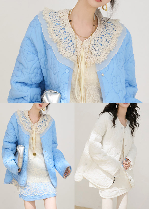 Chic Blue Oversized Embossing Fine Cotton Filled Jacket Winter