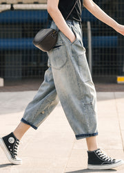 Chic Blue Oversized Patchwork Applique Denim Ripped Pants Summer