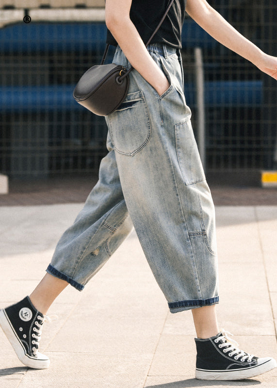 Chic Blue Oversized Patchwork Applique Denim Ripped Pants Summer