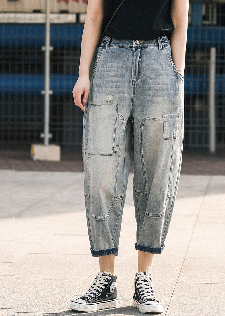 Chic Blue Oversized Patchwork Applique Denim Ripped Pants Summer
