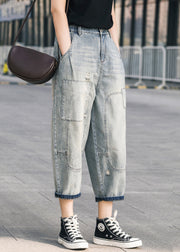 Chic Blue Oversized Patchwork Applique Denim Ripped Pants Summer