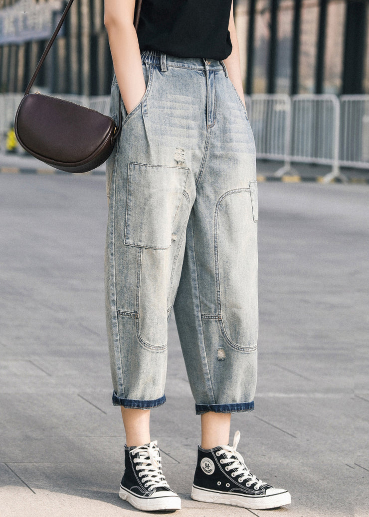Chic Blue Oversized Patchwork Applique Denim Ripped Pants Summer