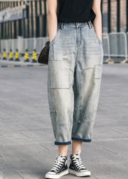 Chic Blue Oversized Patchwork Applique Denim Ripped Pants Summer