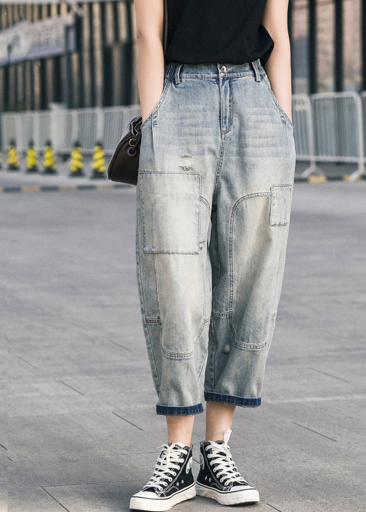 Chic Blue Oversized Patchwork Applique Denim Ripped Pants Summer