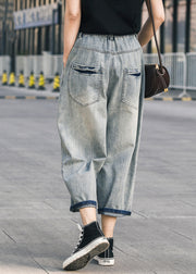 Chic Blue Oversized Patchwork Applique Denim Ripped Pants Summer