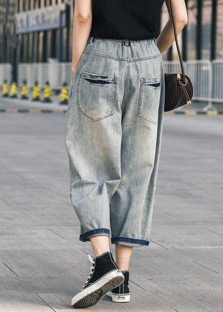 Chic Blue Oversized Patchwork Applique Denim Ripped Pants Summer