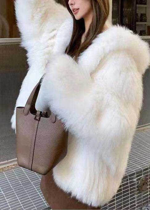 Chic Blue Oversized Warm Fox Fur Hoodie Coat Winter