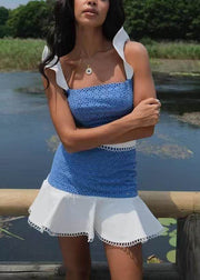 Chic Blue Patchwork Cotton Two Piece Set Outfits Butterfly Sleeve
