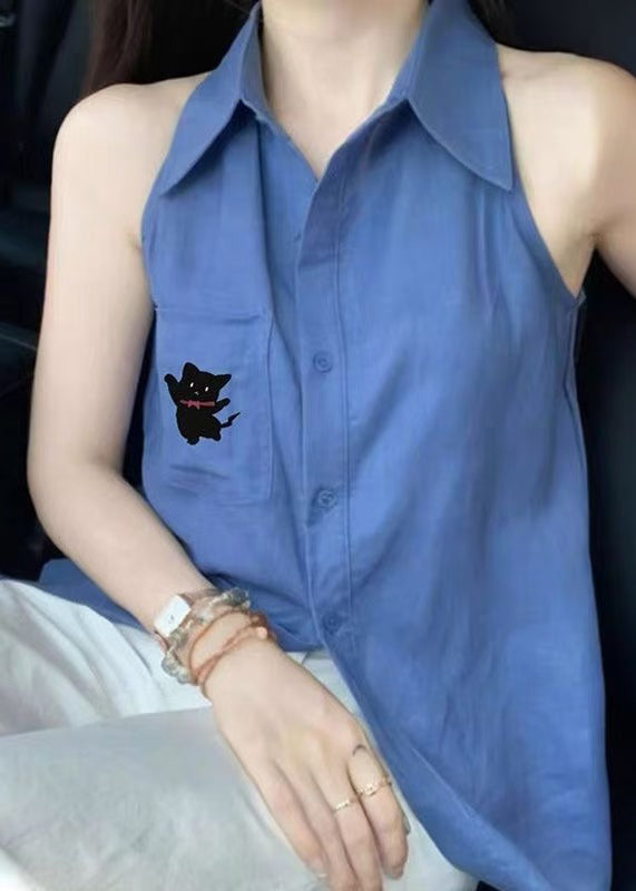 Chic Blue Peter Pan Collar Button Cotton Shirt Tops Sleeveless