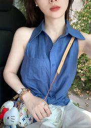 Chic Blue Peter Pan Collar Button Cotton Shirt Tops Sleeveless