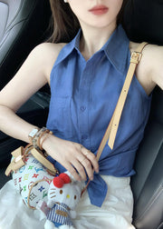 Chic Blue Peter Pan Collar Button Cotton Shirt Tops Sleeveless