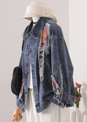 Chic Blue Peter Pan Collar Patchwork Denim Coat Fall