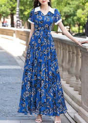 Chic Blue Peter Pan Collar Print Wrinkled Chiffon Long Dress Summer