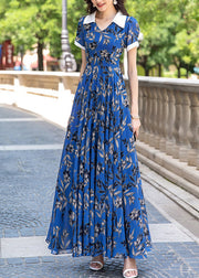 Chic Blue Peter Pan Collar Print Wrinkled Chiffon Long Dress Summer