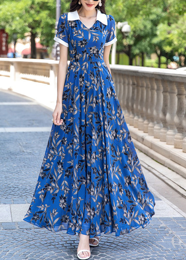 Chic Blue Peter Pan Collar Print Wrinkled Chiffon Long Dress Summer