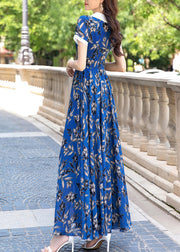 Chic Blue Peter Pan Collar Print Wrinkled Chiffon Long Dress Summer
