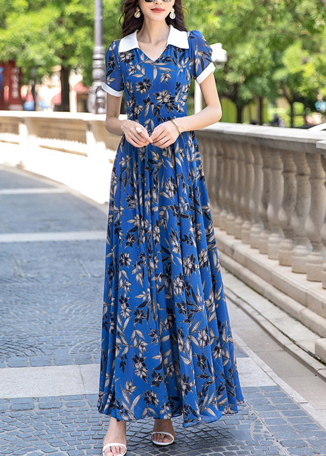 Chic Blue Peter Pan Collar Print Wrinkled Chiffon Long Dress Summer