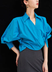 Chic Blue Peter Pan Collar Solid Cotton Shirts Fall