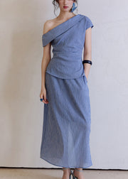 Chic Blue Plaid Patchwork Top And A Line Skirts Two Pieces Set Short Sleev