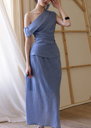 Chic Blue Plaid Patchwork Top And A Line Skirts Two Pieces Set Short Sleev
