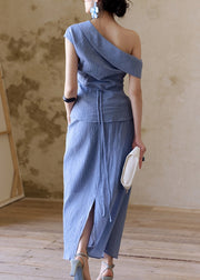 Chic Blue Plaid Patchwork Top And A Line Skirts Two Pieces Set Short Sleev