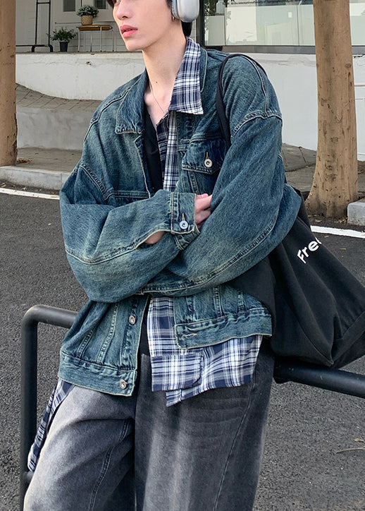 Chic Blue Plaid Pockets Patchwork Denim Mens Coats Spring