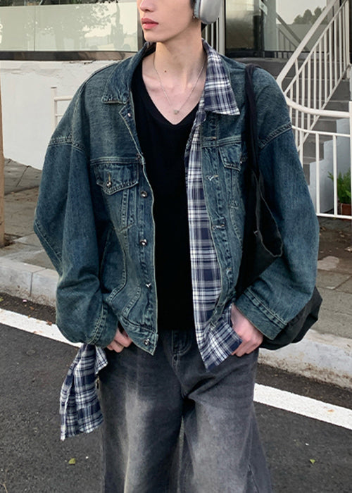 Chic Blue Plaid Pockets Patchwork Denim Mens Coats Spring