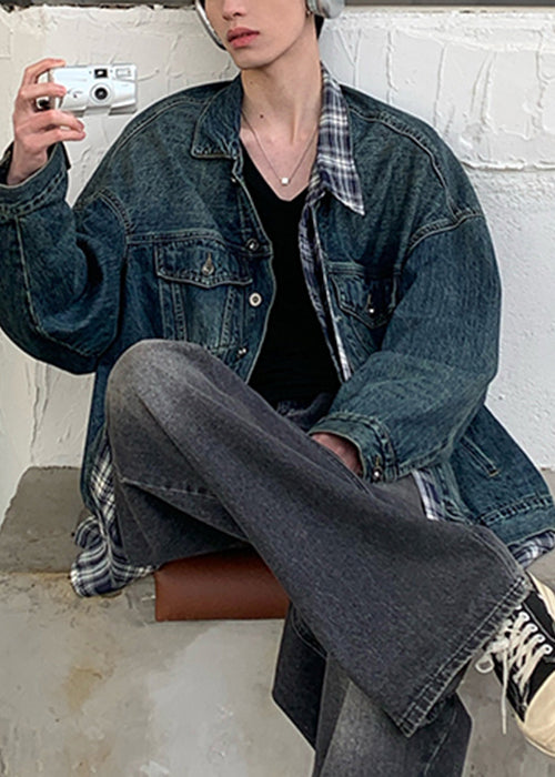 Chic Blue Plaid Pockets Patchwork Denim Mens Coats Spring