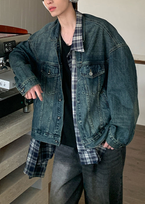 Chic Blue Plaid Pockets Patchwork Denim Mens Coats Spring