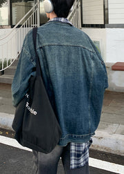 Chic Blue Plaid Pockets Patchwork Denim Mens Coats Spring