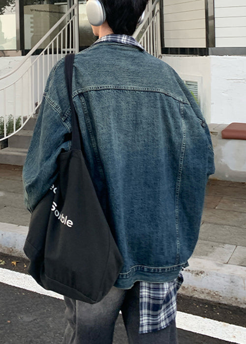 Chic Blue Plaid Pockets Patchwork Denim Mens Coats Spring