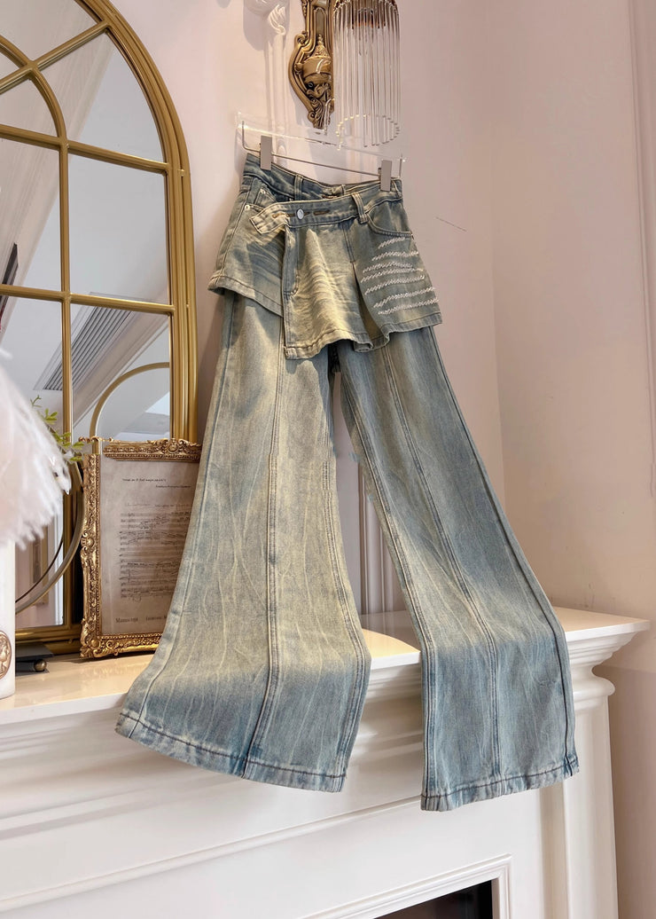 Chic Blue Pockets False Two Pieces Patchwork Denim Pants Fall
