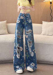 Chic Blue Pockets Print Denim Ripped Pants Fall