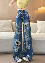 Chic Blue Pockets Print Denim Ripped Pants Fall