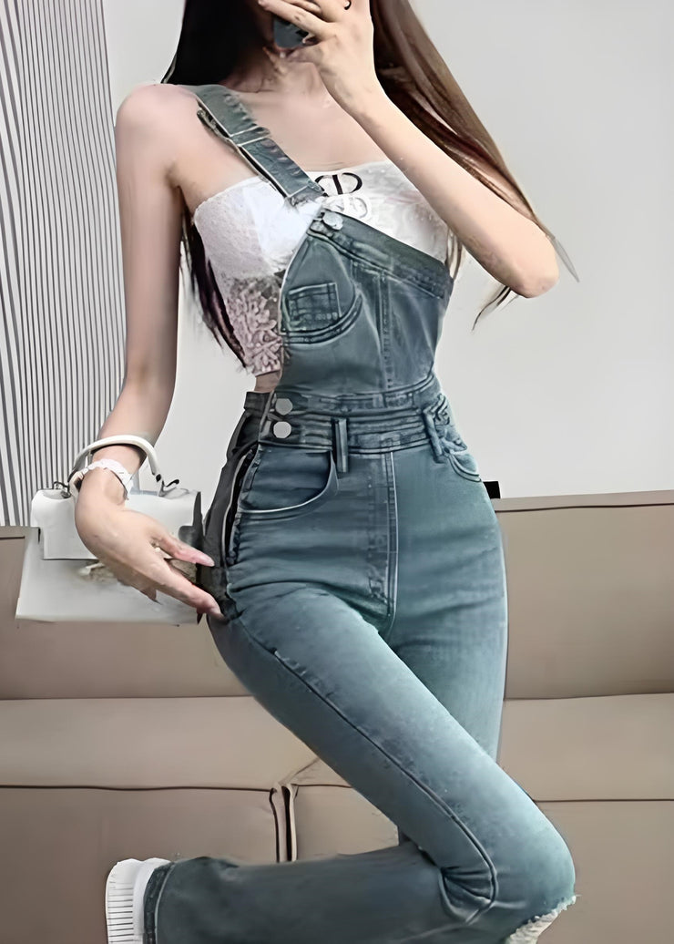 Chic Blue Pockets Ripped Denim Flared Jumpsuit Fall