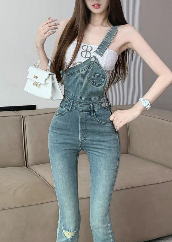 Chic Blue Pockets Ripped Denim Flared Jumpsuit Fall