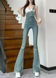 Chic Blue Pockets Ripped Denim Flared Jumpsuit Fall