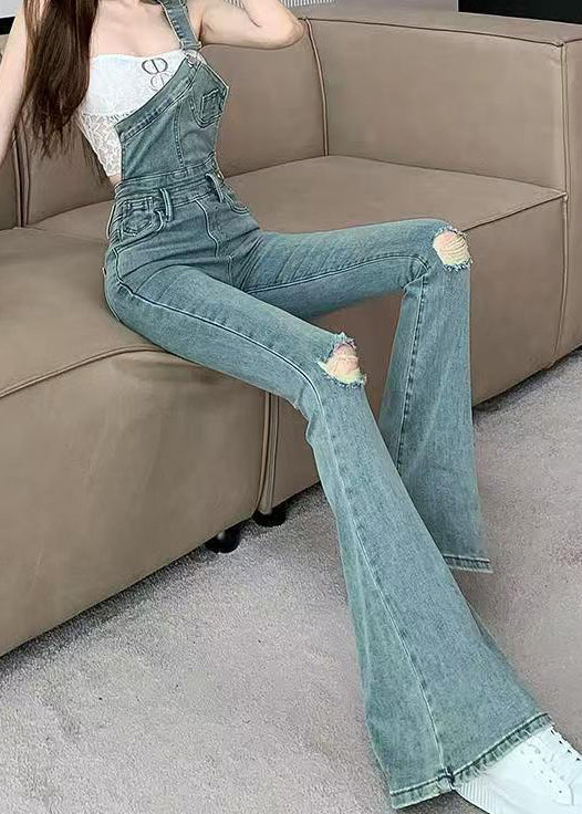 Chic Blue Pockets Ripped Denim Flared Jumpsuit Fall