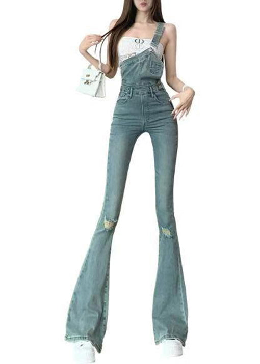 Chic Blue Pockets Ripped Denim Flared Jumpsuit Fall