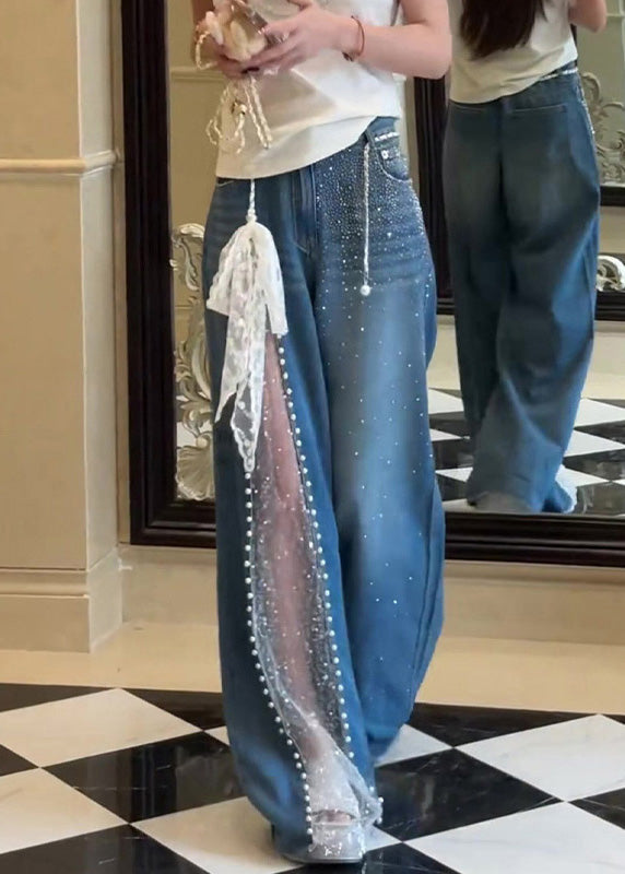 Chic Blue Pockets Zircon Lace Patchwork Denim Pants Fall