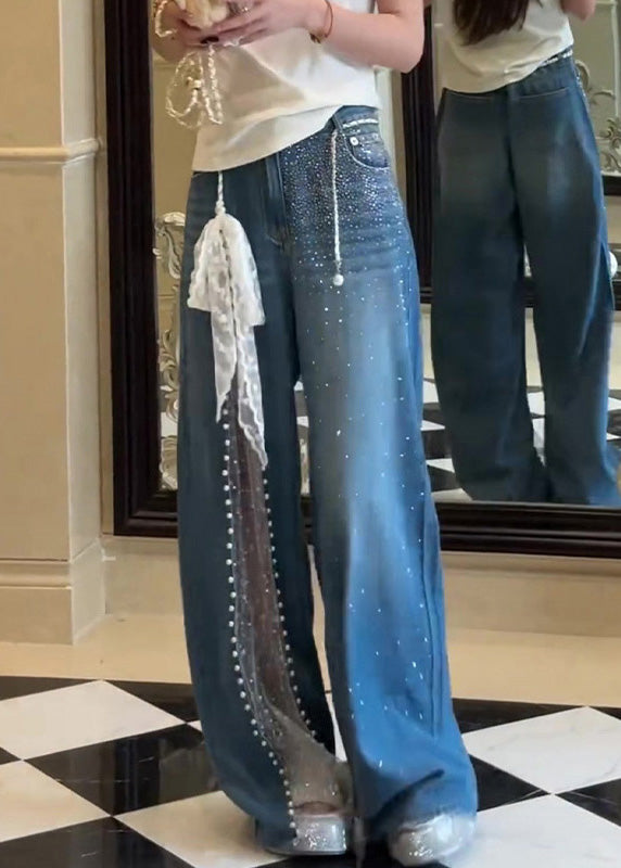 Chic Blue Pockets Zircon Lace Patchwork Denim Pants Fall