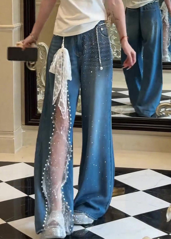 Chic Blue Pockets Zircon Lace Patchwork Denim Pants Fall