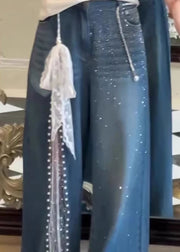 Chic Blue Pockets Zircon Lace Patchwork Denim Pants Fall