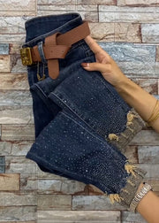 Chic Blue Pockets Zircon Patchwork Denim Crop Pants Fall