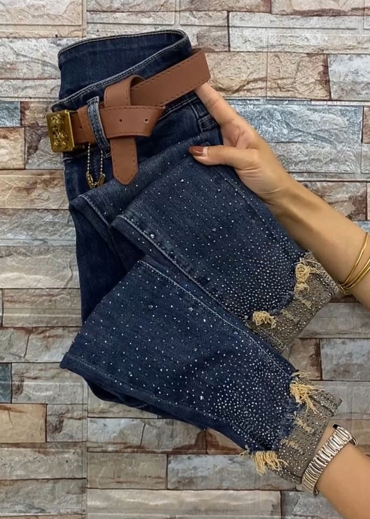 Chic Blue Pockets Zircon Patchwork Denim Crop Pants Fall