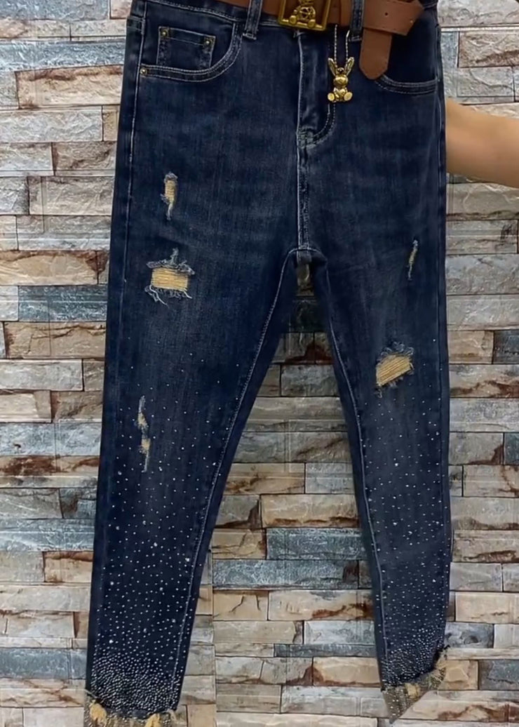 Chic Blue Pockets Zircon Patchwork Denim Crop Pants Fall
